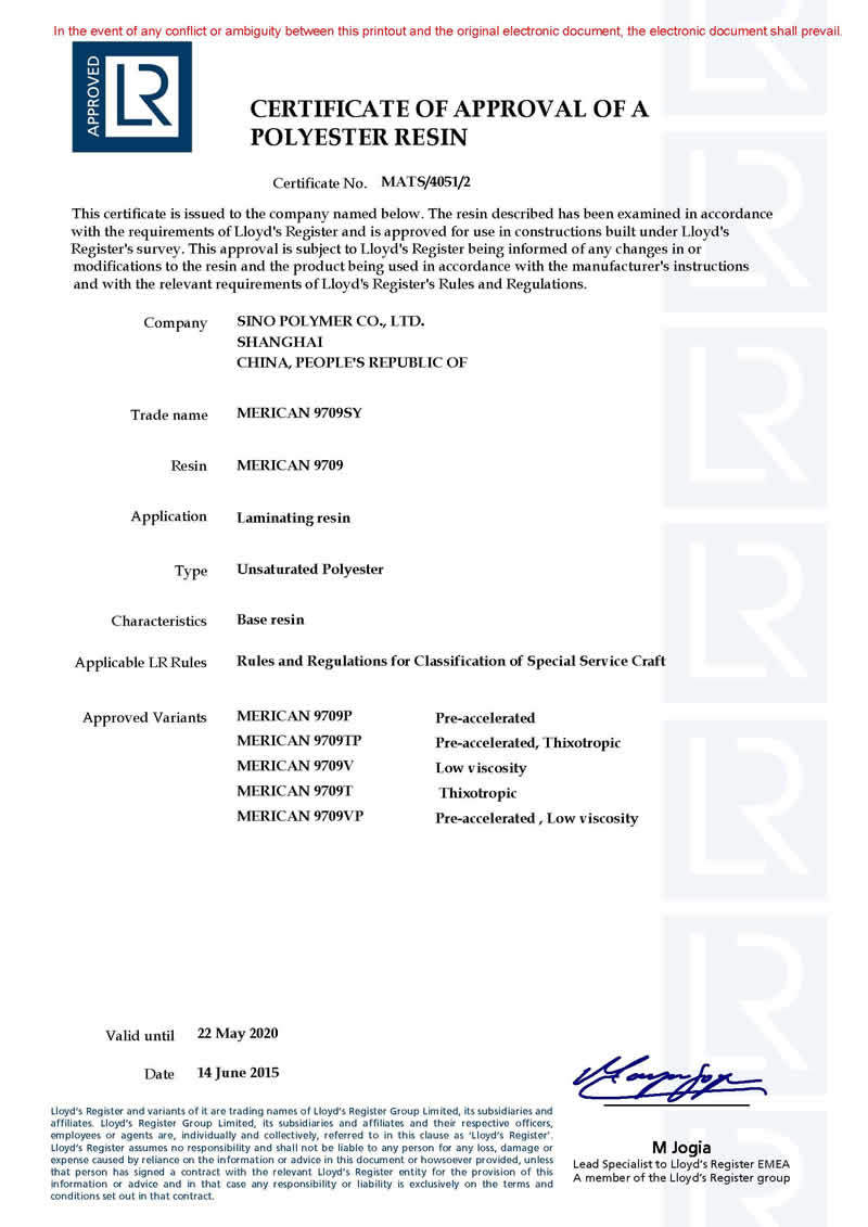 CERTIFICATE OF APPROVAL OF A POLYESTER RESIN
